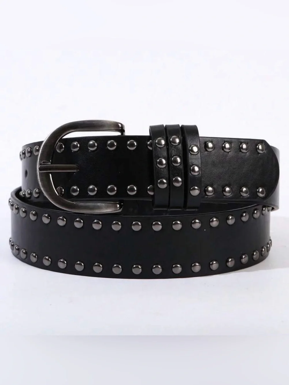 Women’s Metal Buckle Double Row Rivet PU Leather Belt - BLACK